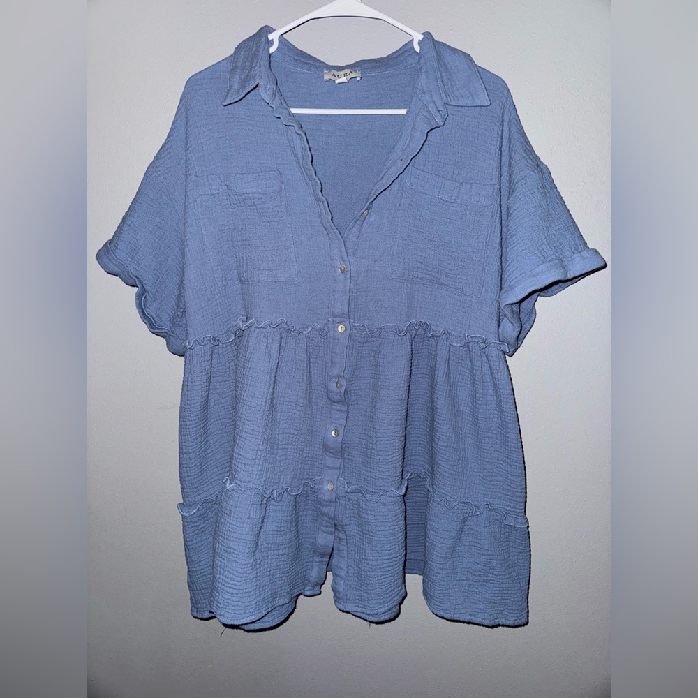 AURA linen tiered blue cotton button down mini dress size large - Picture 4 of 9